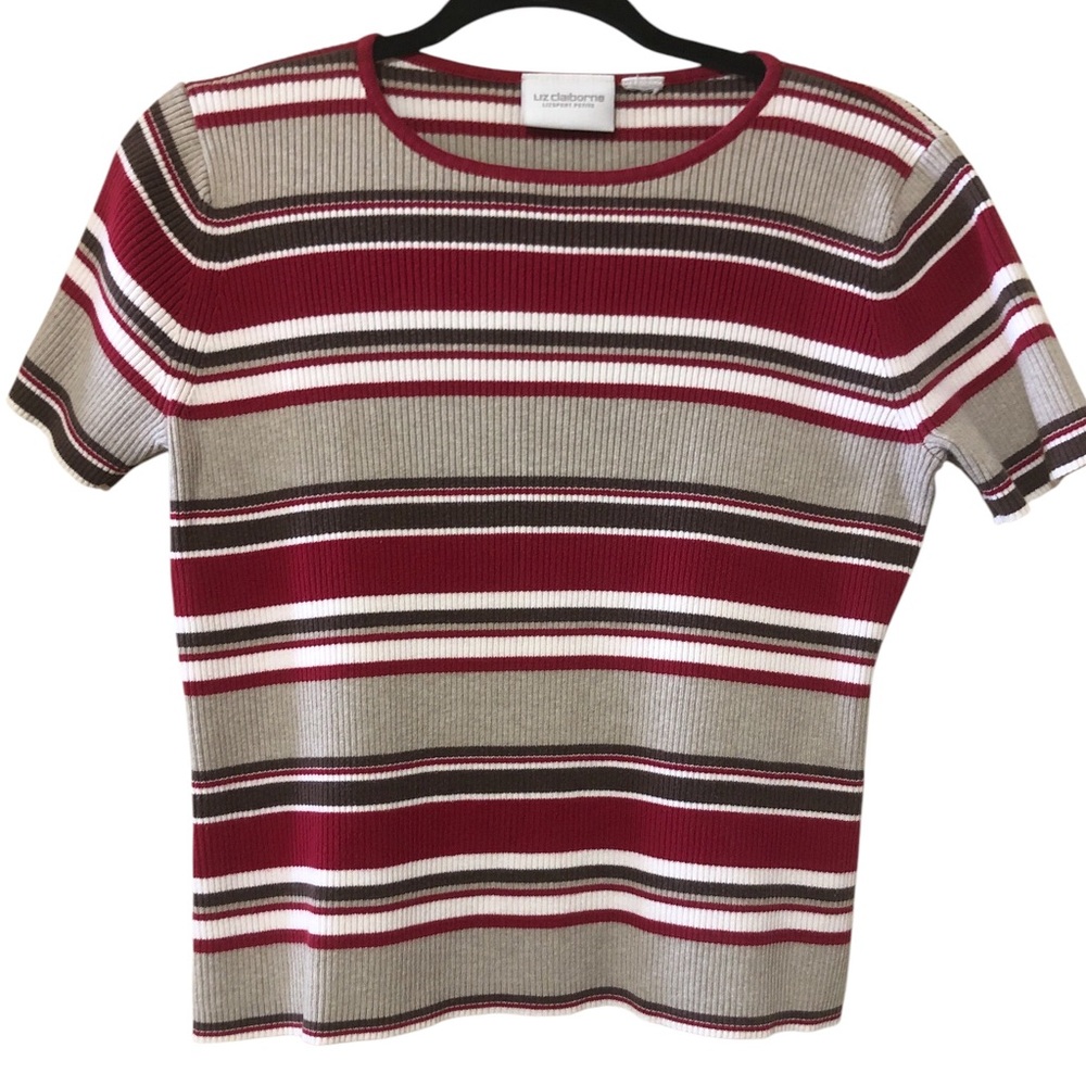 Women’s Liz Claiborne Red and Tan Fitted Ribbed T-Shirt